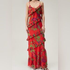 Nasty Gal Red Floral Ruffle Chiffon Maxi Dress Size 6